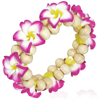 Bracelet à fleurs de frangipanier roses en fimo et perles de bois