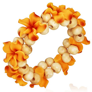 Bracelet  fleurs exotiques oranges en fimo et perles bois