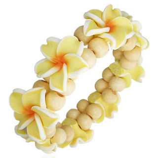 Bracelet  fleurs fantaisies jaunes et blanches en fimo avec perles