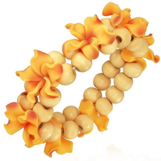 Bracelet  fleurs fimo oranges et perles rondes