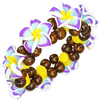 Bracelet  fleurs multicolores en fimo et perles de bois marron