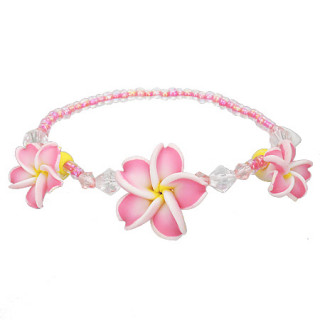 Bracelet à fleurs Plumerias roses en fimo et perles transparentes