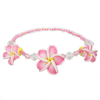 Bracelet  fleurs Plumerias roses en fimo et perles transparentes