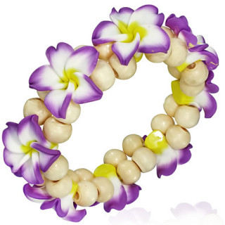 Bracelet à fleurs tropicales en fimo et perles de bois clair