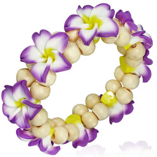 Bracelet  fleurs tropicales en fimo et perles de bois clair