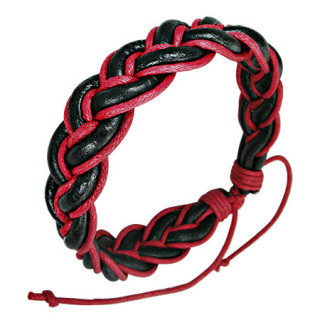 Bracelet  grosse tresse de cuir noir et rouge