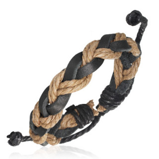 Bracelet à grosse tresse en cuir noir et corde beige
