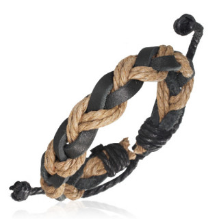 Bracelet  grosse tresse en cuir noir et corde beige