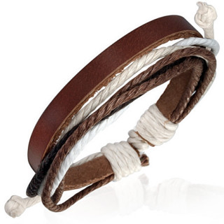 Bracelet  lanire de cuir avec cordes noires, blanches et marrons
