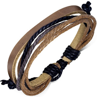 Bracelet  lanire de cuir beige et cordage tricolore