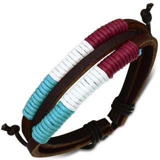 Bracelet à lanière de cuir et cordage enroulé bleu, blanc, rouge