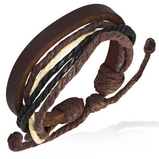 Bracelet à lanière de cuir et cordages trois tons