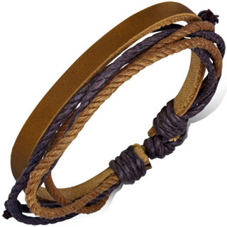 Bracelet  lanire de cuir marron clair et cordage bicolore