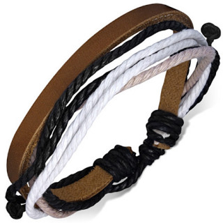 Bracelet  lanire de cuir marron et cordage noir et clair