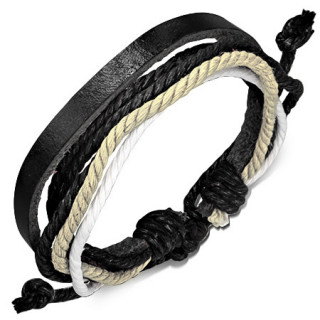 Bracelet  lanire de cuir noir avec multiple cordes claires et noires