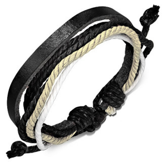Bracelet à lanière de cuir noir avec multiple cordes claires et noires