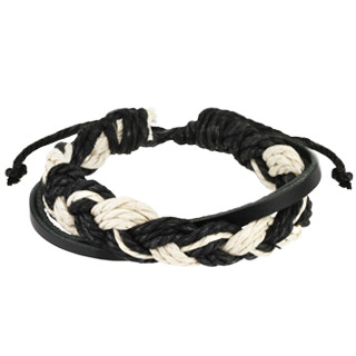 Bracelet  lanire de cuir noir avec triple cordage noir et blanc