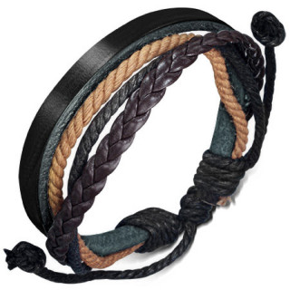 Bracelet  lanire de cuir noir, cordes et tresse marron