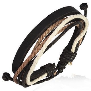 Bracelet  lanire de cuir noir et cordages trois tons