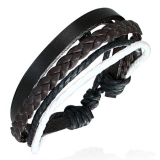 Bracelet  lanire de cuir noir, tresse marron et cordes noires et blanches
