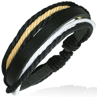 Bracelet  lanire de cuir noire et cordage tricolore ref-8328