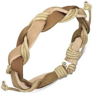 Bracelet  lanires de cuir beige et marron clair entrelaces