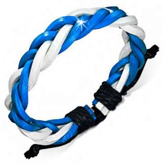 Bracelet à lanières de cuir bleu et blanc en tresse avec cordes