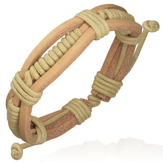 Bracelet à lanières de cuir clair entourées de cordes beiges
