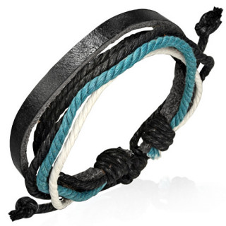 Bracelet  lanires de cuir et cordelettes blanches, turquoises et noires
