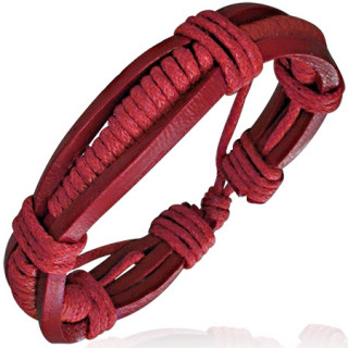 Bracelet  lanires de cuir et cordes rouges entrelaces