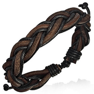 Bracelet  lanires de cuir marron et cordes noires en tresse
