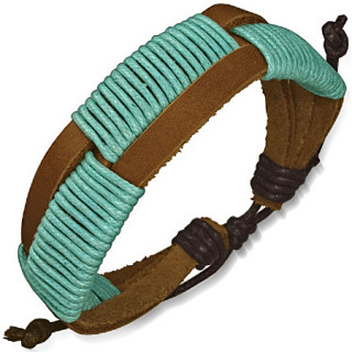 Bracelet  lanires de cuir marrons clairs avec cordes turquoises