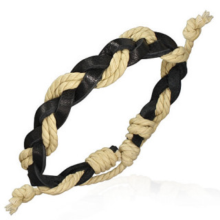 Bracelet à lanières de cuir noires et cordes blanches entrelacées