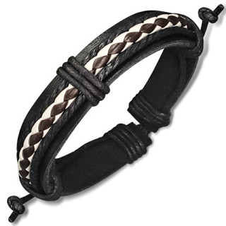 Bracelet  lanires de cuir noires et tresse bicolore au centre