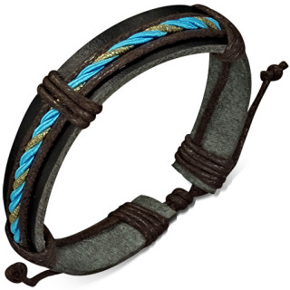 Bracelet à large ruban de cuir marron, fines lanières et tresse bleue et dorée