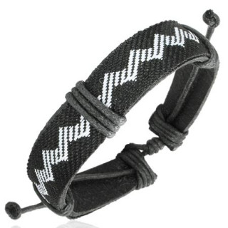 Bracelet  large ruban de cuir noir avec motif zigzag tiss