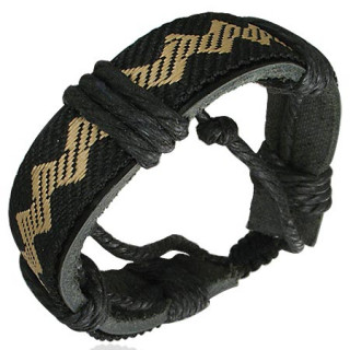 Bracelet  large ruban de cuir noir, motif zigzag tiss et cordage