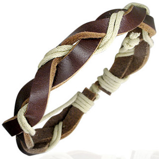 Bracelet  larges lanires de cuir en tresse avec cordes blanches