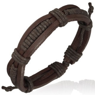 Bracelet  lignes de cuir marron sangles de corde noire