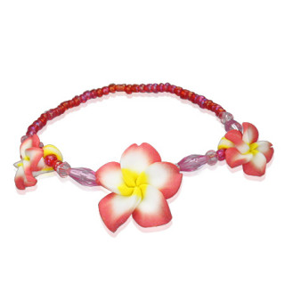 Bracelet  perles et fleurs de frangipanier tricolores en fimo