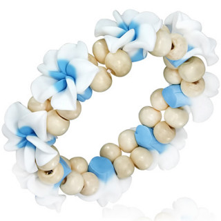 Bracelet  Plumeria en fimo et perles de bois claires