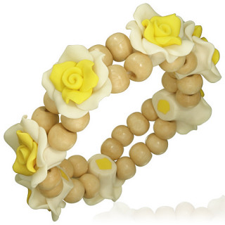 Bracelet à roses fimo jaunes et perles de bois