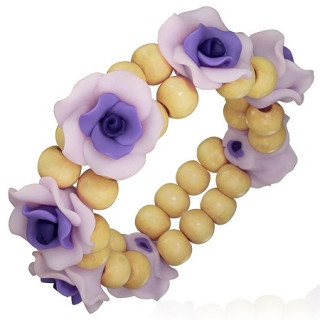 Bracelet  roses mauves en fimo et perles de bois