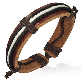 Bracelet  ruban de cuir marron avec cordes noires et blanches