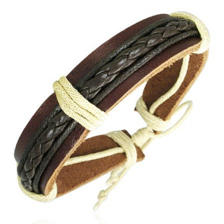 Bracelet  ruban de cuir marron avec tresse noire et corde blanche