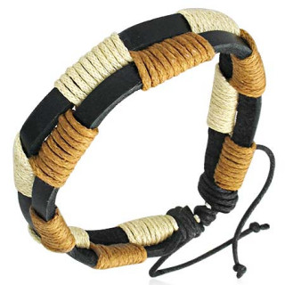 Bracelet à rubans de cuir noir avec corde beige et blanche