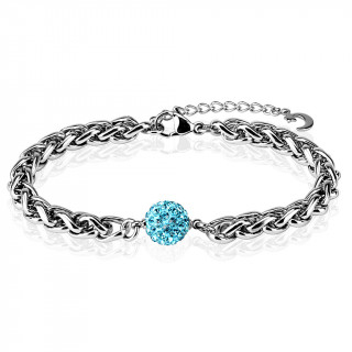 Bracelet acier  boule shamballa bleu aqua