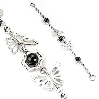 Bracelet acier  fleurs, papillons et perles