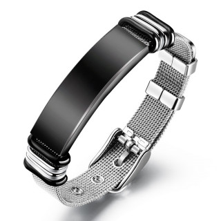 Bracelet acier style ceinture en mailles tissée à plaque noire