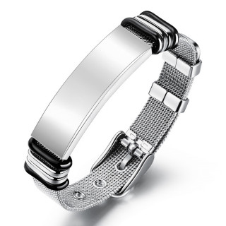 Bracelet acier style ceinture en mailles tissée à plaque polie